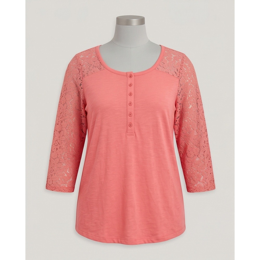 Torrid 0 Salmon Coral Lace Henley 3/4 Sleeve Top Large Plus Size ‎ Romantic Boho